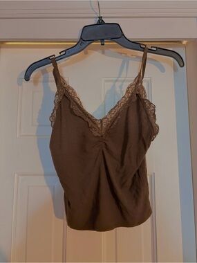 Sexy Y2K Chocolate Brown Lace-Trim Ribbed Cami Tank Top - Size Medium